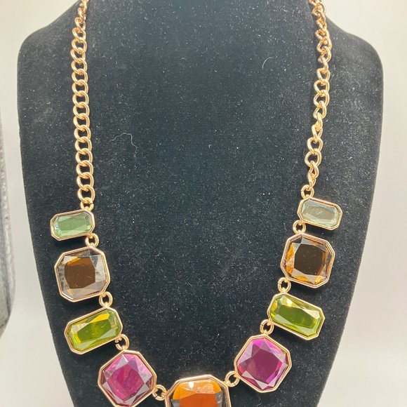 NRO Gold-Tone Multicolored Glass Squared Necklace! - Picture 2 of 10
